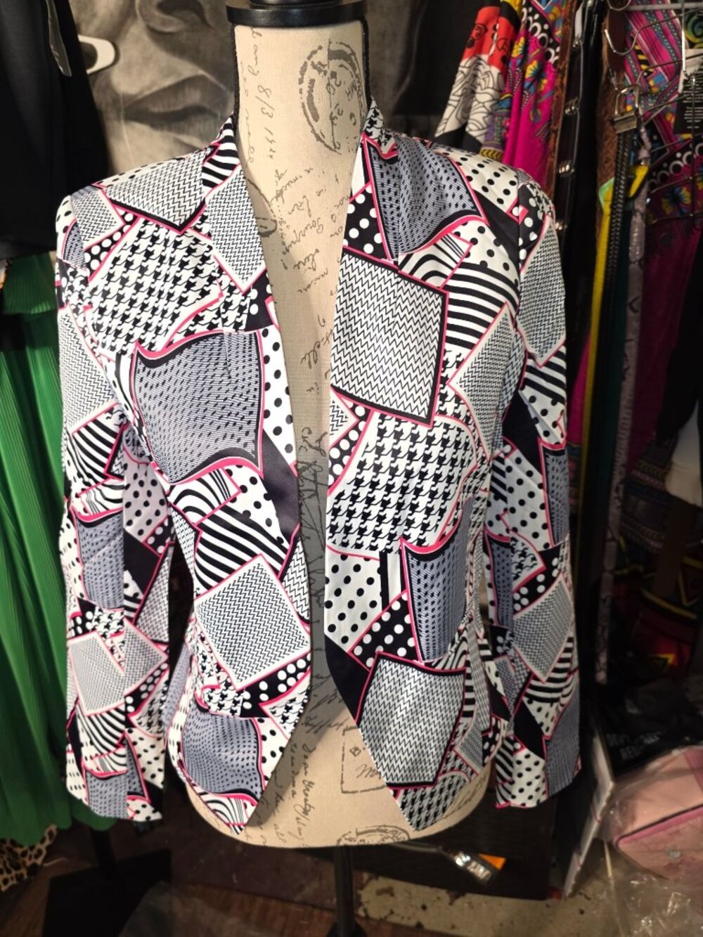 Patchwork Print Blazer Jacket By Ovi Size Small Cotton Blend Black/White/Pink Ge